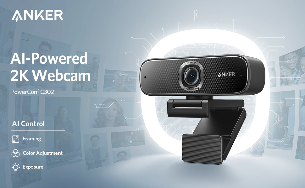 Camera Web Anker PowerConf C302 Smart FullHD, 2K, Autofocus, Noise-Cancelling, HDR, 30fps, Streaming, Corectie Low-Light; Negru